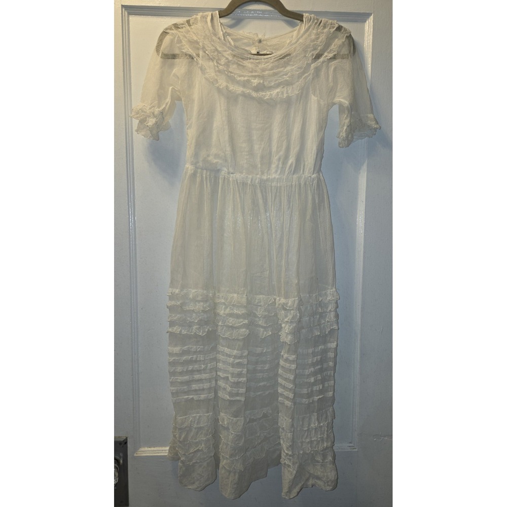 Antique 1910s White Tiered Lace Lingerie Dress Gown Tea Sheer Ruffle Sleeves XS